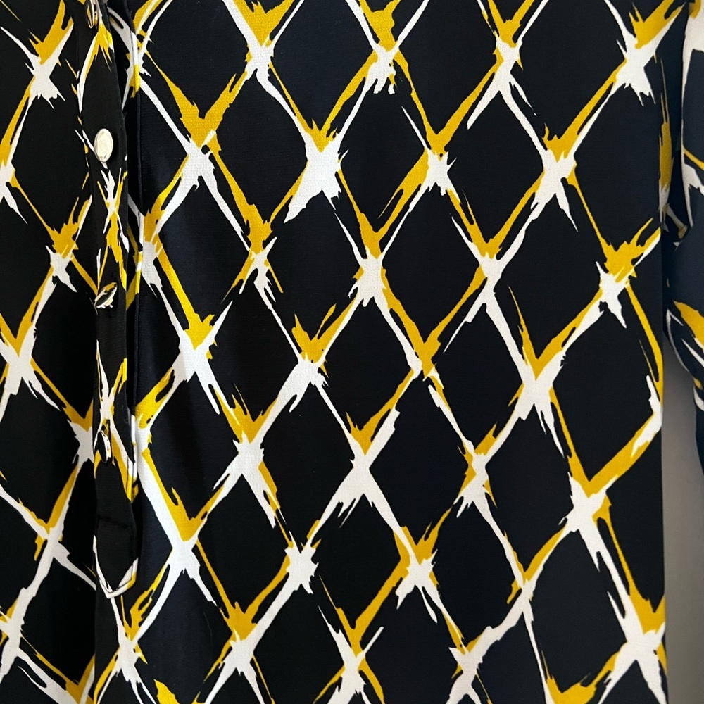 Evan Picone Geometric Print Blouse Medium Black Gold White 3/4 Sleeve Chic Top - Picture 3 of 5